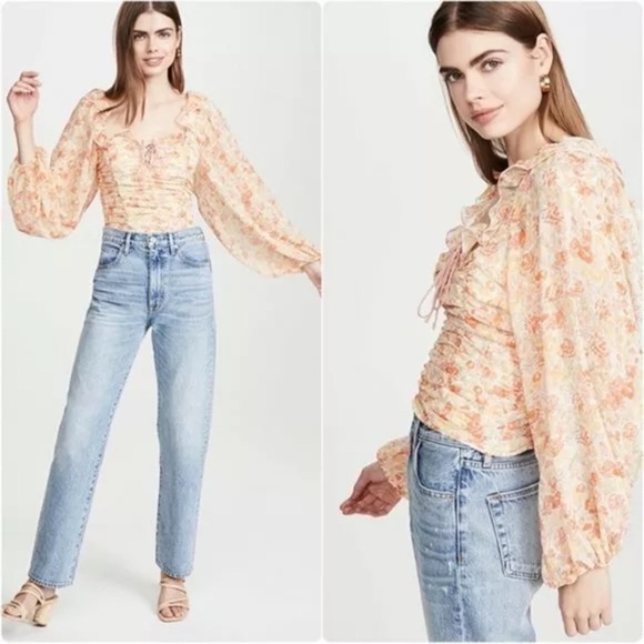 Free People Mabel Printed Blouse Spring Combo Orange Floral Print Peasant large - Picture 2 of 10